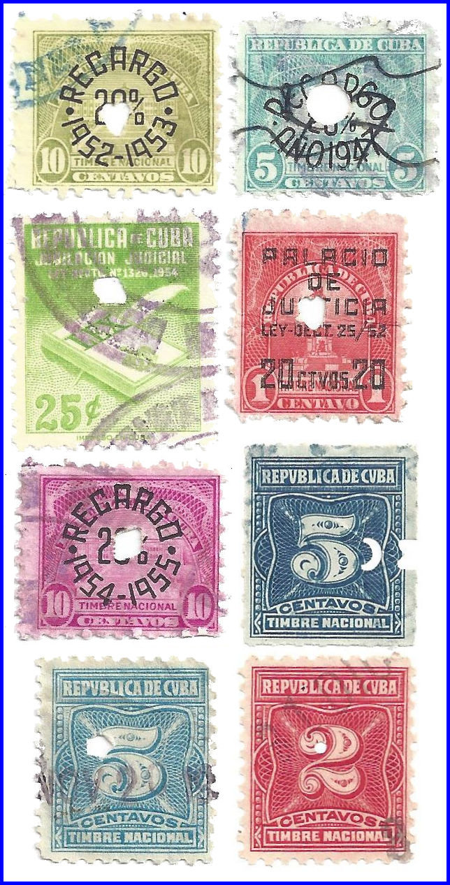 Cancellation perfins on revenue stamps